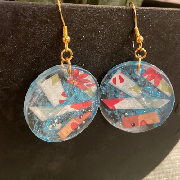 XMAS Festive Handmade Medium Holiday Earrings Blue Teardrop - Picture 8 of 9